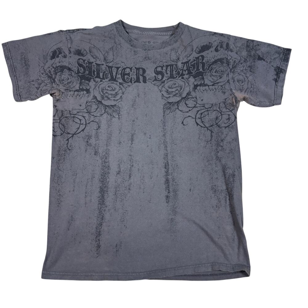 vintage y2k 2000s grunge Silver Star gray tshirt Medium aop skater affliction